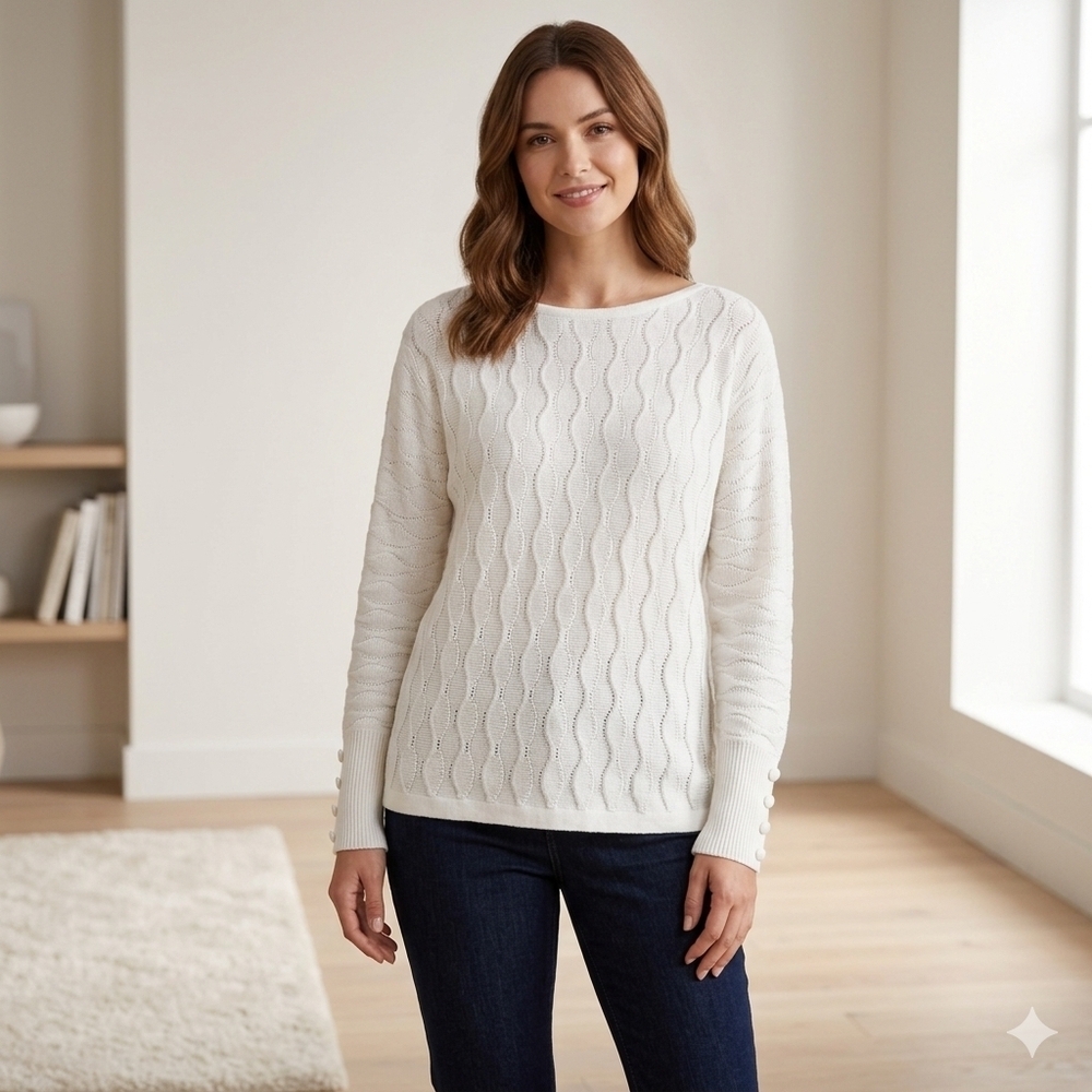 Cleo Off White Knit Sweater With Delicate Pearl Buttons On Sleeves Size L